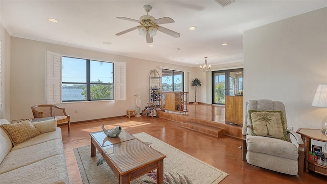 living area featuring ornamental molding, recessed lighting, baseboards, and a ceiling fan