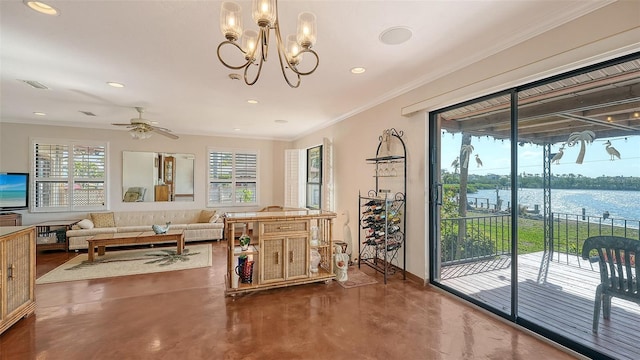 interior space with ornamental molding, a water view, ceiling fan with notable chandelier, concrete floors, and recessed lighting