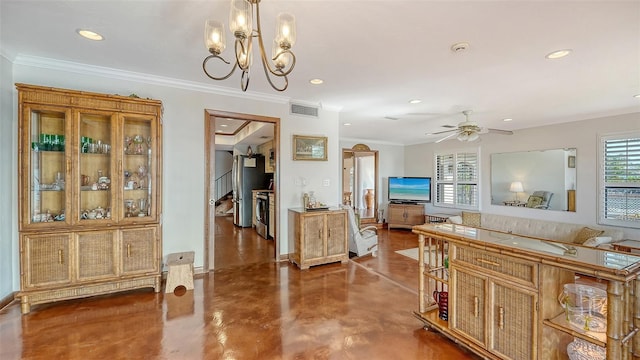 interior space with ornamental molding, recessed lighting, visible vents, and finished concrete floors