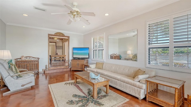 living room featuring a ceiling fan, recessed lighting, visible vents, and plenty of natural light