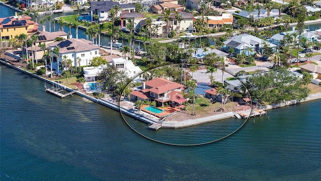 aerial view featuring a water view and a residential view