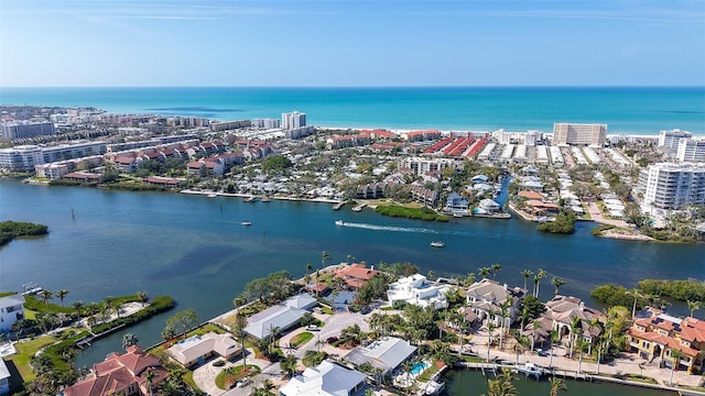 bird's eye view featuring a view of city and a water view