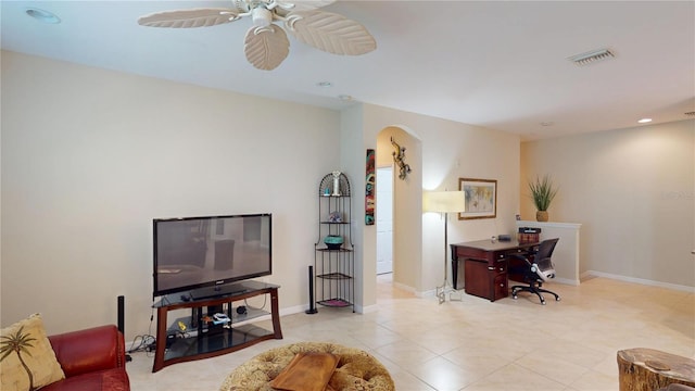 home office with visible vents, arched walkways, baseboards, ceiling fan, and recessed lighting