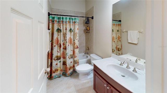 bathroom featuring shower / bath combo, vanity, toilet, and tile patterned floors