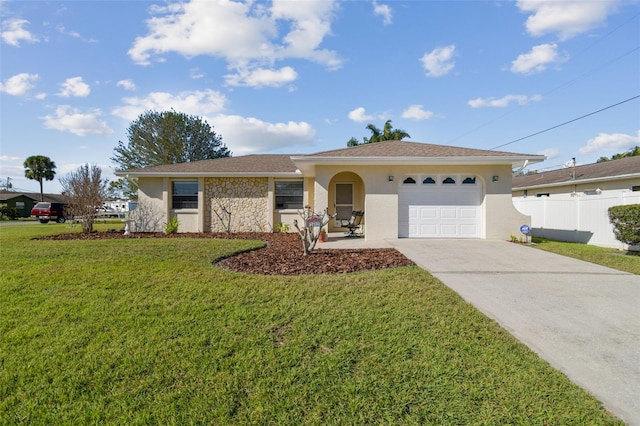 ranch-style house featuring a garage, concrete driveway, fence, a front lawn, and stucco siding