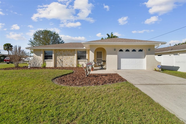 ranch-style home with stucco siding, a front yard, fence, a garage, and driveway