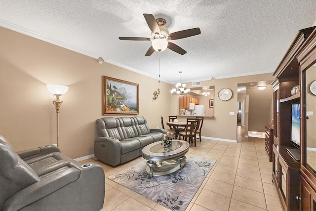 living room featuring light tile patterned flooring, ceiling fan with notable chandelier, a textured ceiling, and crown molding