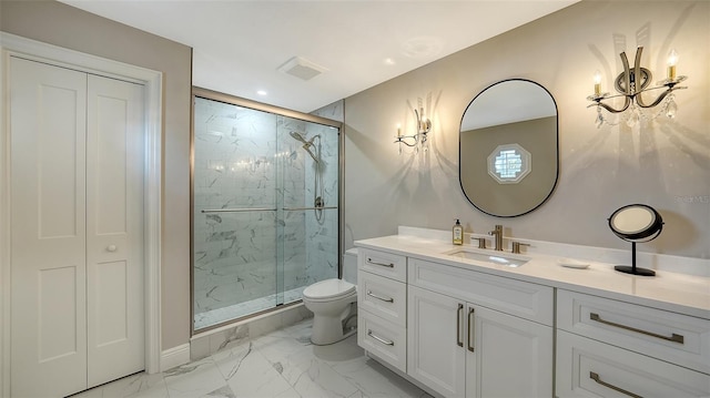 full bathroom featuring vanity, visible vents, marble finish floor, and a marble finish shower