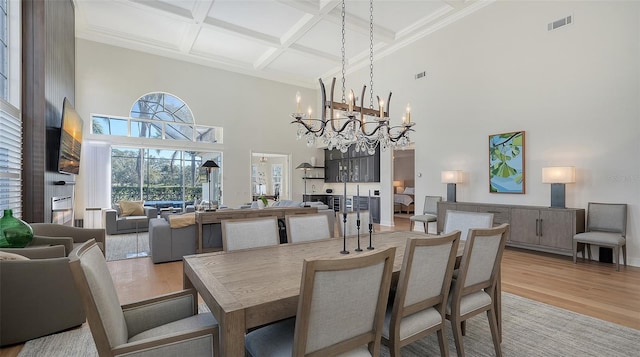 dining room featuring visible vents, coffered ceiling, light wood finished floors, beam ceiling, and a high ceiling