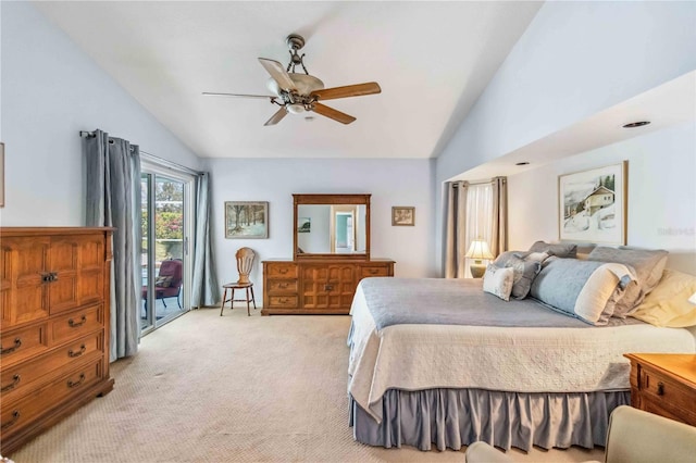 bedroom with ceiling fan, lofted ceiling, light carpet, and access to exterior