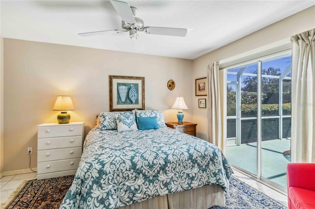 bedroom featuring ceiling fan, tile patterned flooring, and access to outside