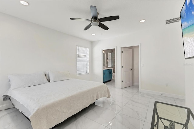 bedroom with recessed lighting, baseboards, and marble finish floor