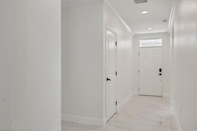 corridor featuring recessed lighting, baseboards, marble finish floor, and ornamental molding