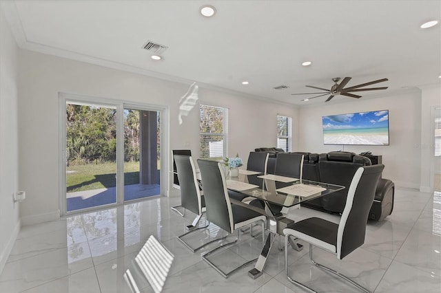 dining room with visible vents, marble finish floor, recessed lighting, crown molding, and baseboards