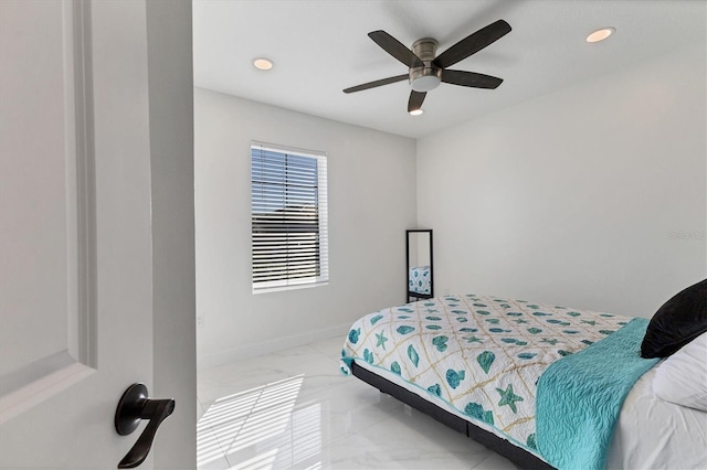 bedroom with recessed lighting, baseboards, marble finish floor, and ceiling fan