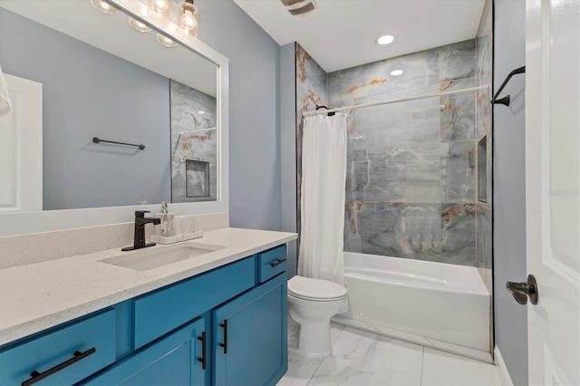 bathroom featuring vanity, toilet, marble finish floor, and shower / tub combo