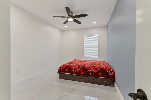 bedroom with recessed lighting, marble finish floor, a ceiling fan, and baseboards