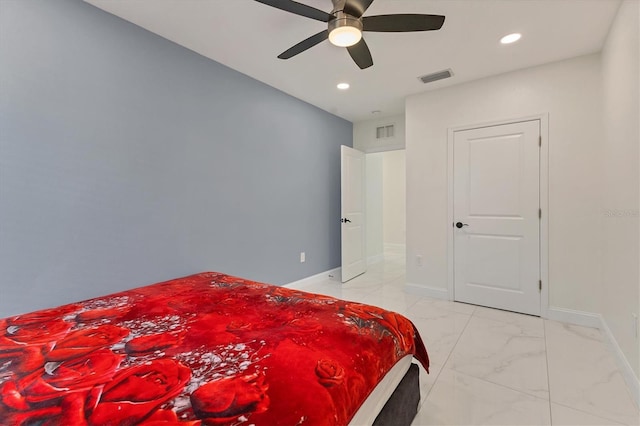 bedroom featuring recessed lighting, visible vents, marble finish floor, and baseboards