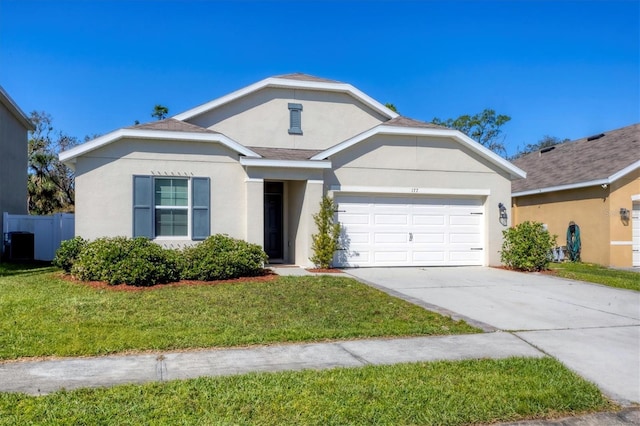 ranch-style home with a front lawn, a garage, driveway, and stucco siding