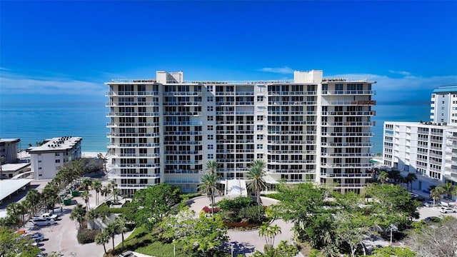 view of building exterior with a water view