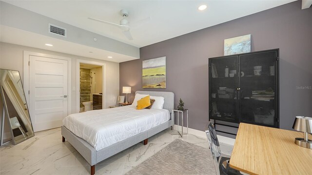 bedroom featuring marble finish floor, recessed lighting, visible vents, ceiling fan, and baseboards