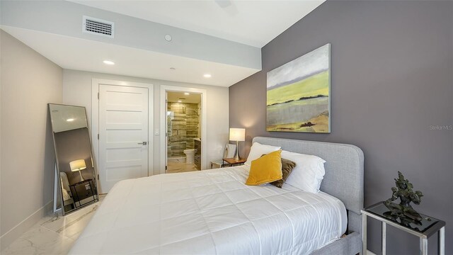 bedroom featuring marble finish floor, recessed lighting, visible vents, ensuite bath, and baseboards