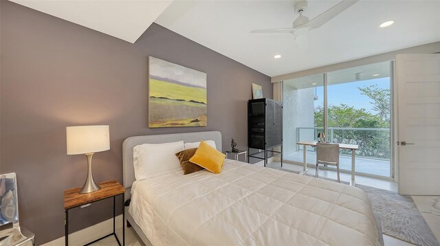 bedroom featuring access to exterior, a ceiling fan, and recessed lighting