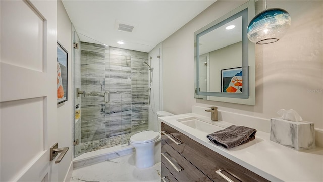 full bathroom with toilet, vanity, visible vents, marble finish floor, and a stall shower