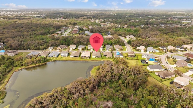 aerial view with a water view and a residential view