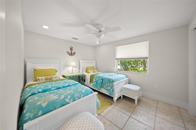 tiled bedroom with recessed lighting, visible vents, ceiling fan, and baseboards