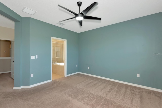 unfurnished bedroom with visible vents, ensuite bathroom, carpet flooring, baseboards, and ceiling fan