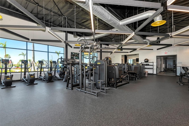 workout area with a towering ceiling