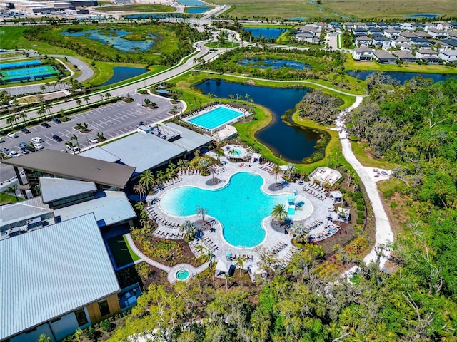 bird's eye view with a water view