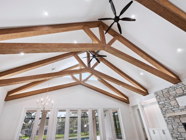 room details featuring recessed lighting, beamed ceiling, ceiling fan with notable chandelier, and a fireplace