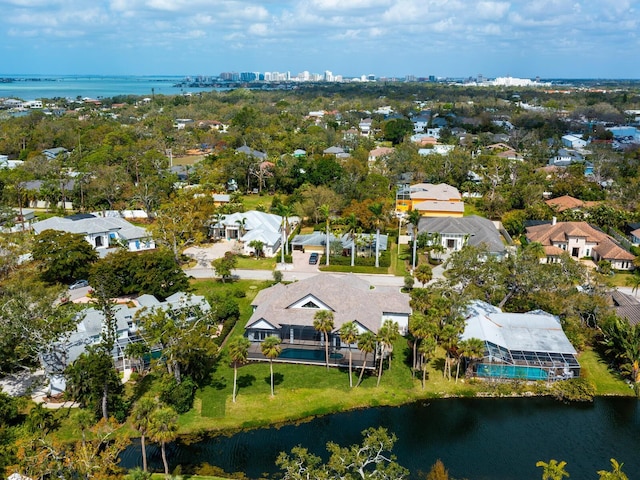 aerial view featuring a residential view and a water view