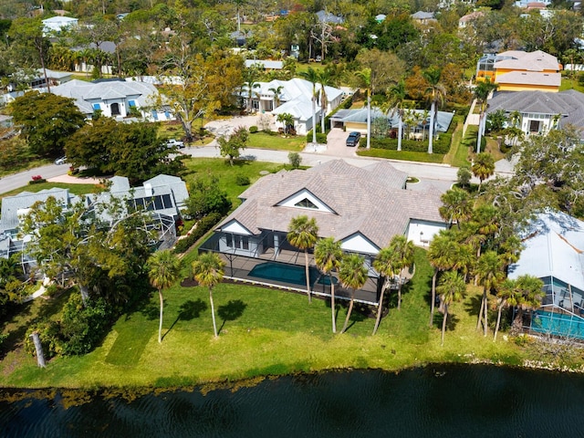 aerial view featuring a residential view and a water view