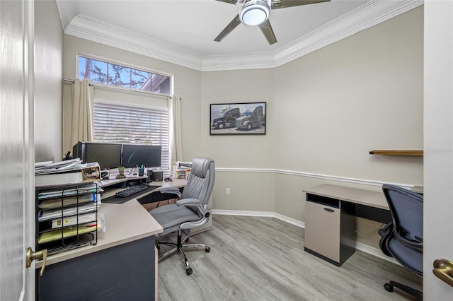 office featuring ceiling fan, baseboards, wood finished floors, and crown molding