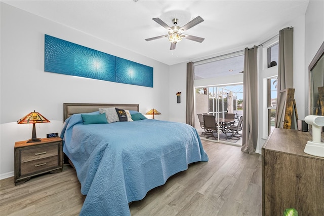 bedroom with ceiling fan, access to outside, baseboards, and light wood-style floors