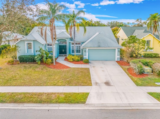 view of front of property with concrete driveway, an attached garage, stucco siding, and a front lawn