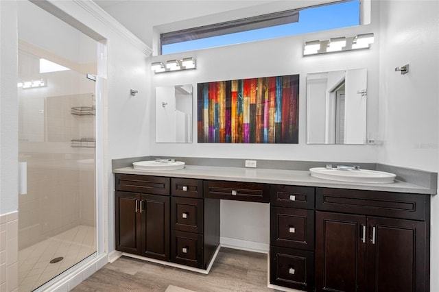 bathroom featuring wood finished floors, a stall shower, and a sink