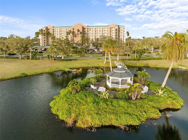 bird's eye view with a water view