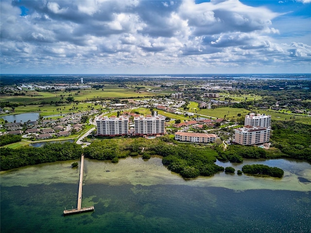 aerial view featuring a water view and a city view