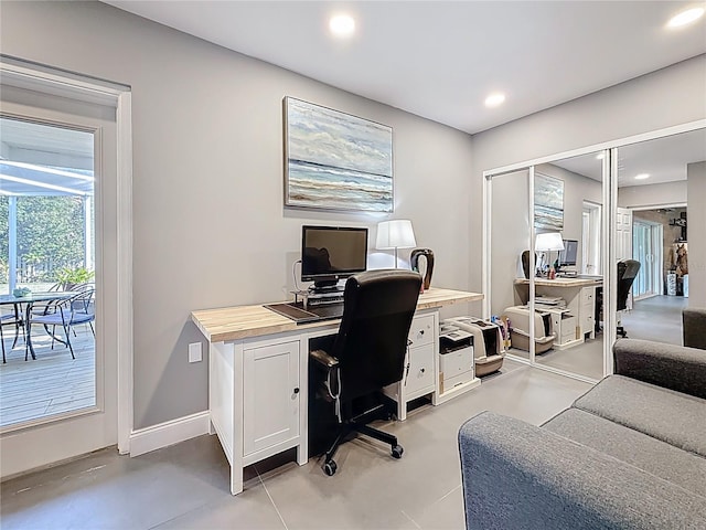 office area featuring baseboards and recessed lighting