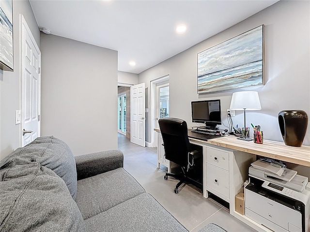 office featuring recessed lighting and finished concrete flooring