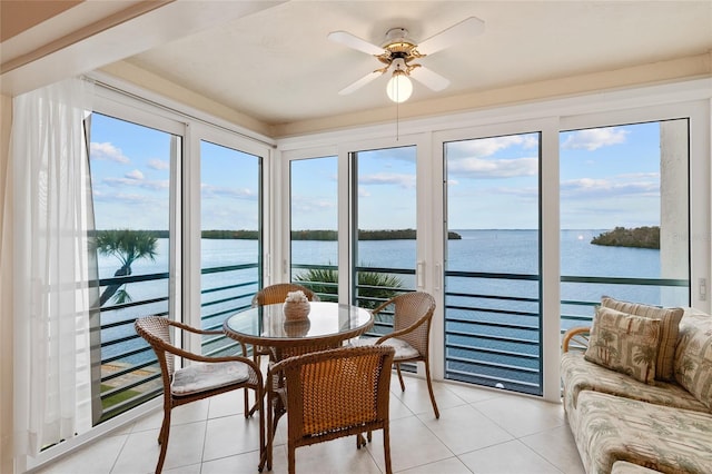 sunroom with ceiling fan and a water view