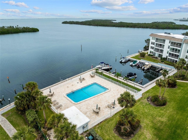 drone / aerial view featuring a water view