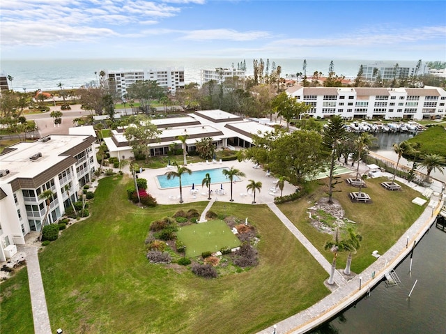 bird's eye view with a water view