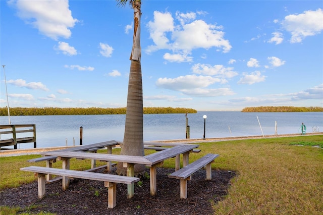 dock area featuring a yard and a water view