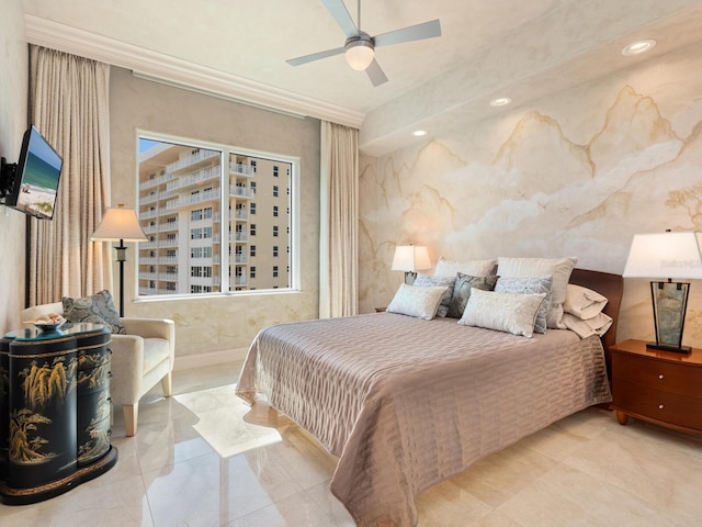 bedroom with recessed lighting, crown molding, and a ceiling fan