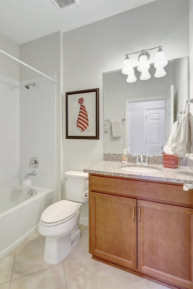 full bathroom with shower / bathtub combination, visible vents, toilet, vanity, and tile patterned floors